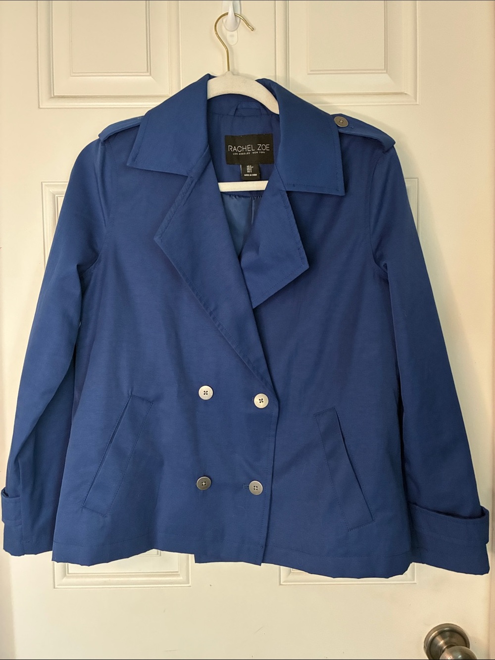 Rachel Zoe Blue Double-Breasted Cropped Trench Coat